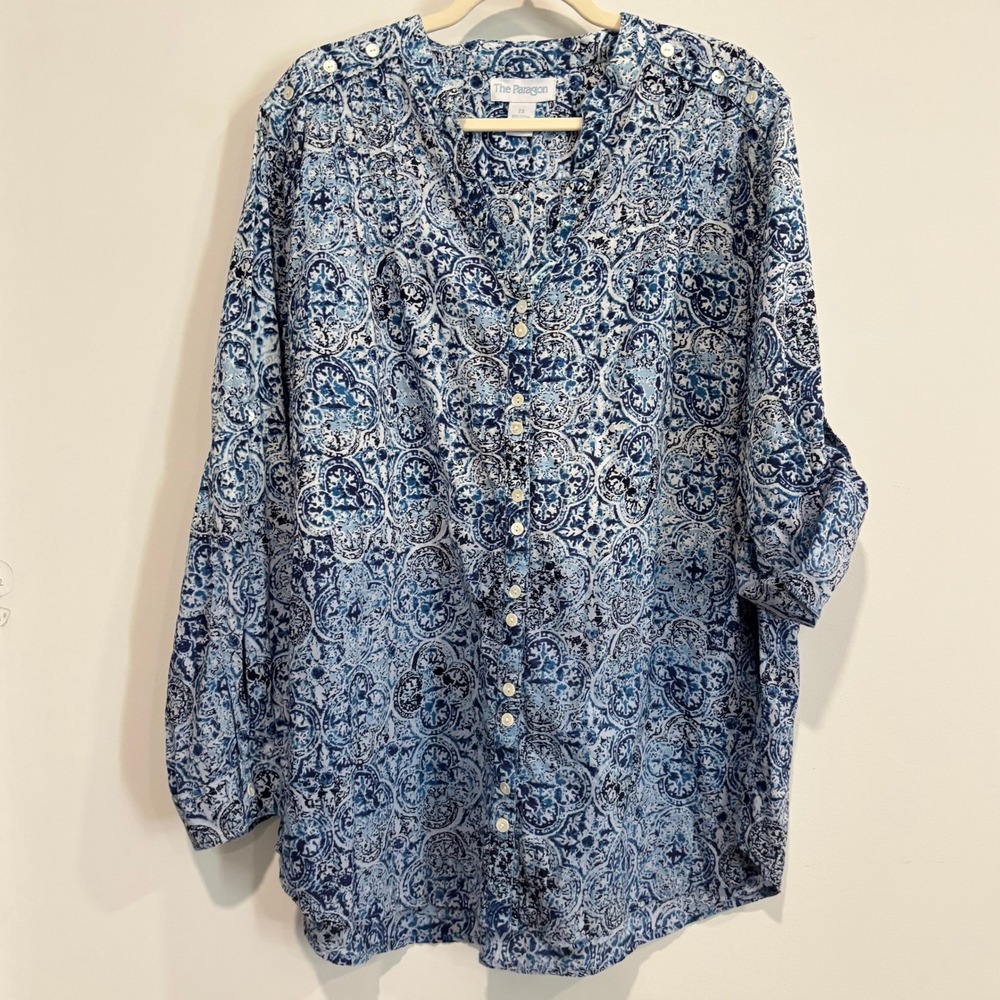 Womens Beachy Button Front Top 2X Medallion Cotton Mediterranean Coastal 20629 - Picture 1 of 9